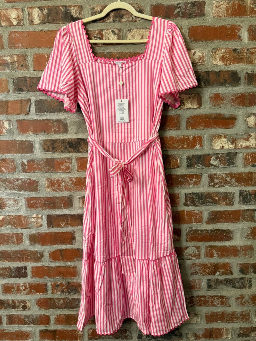 D29 - Mary Square Pink Striped Midi Emery Dress with Tie Waist